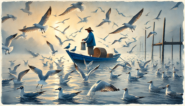 Free ai generated seagulls feeding fisherman scene illustration