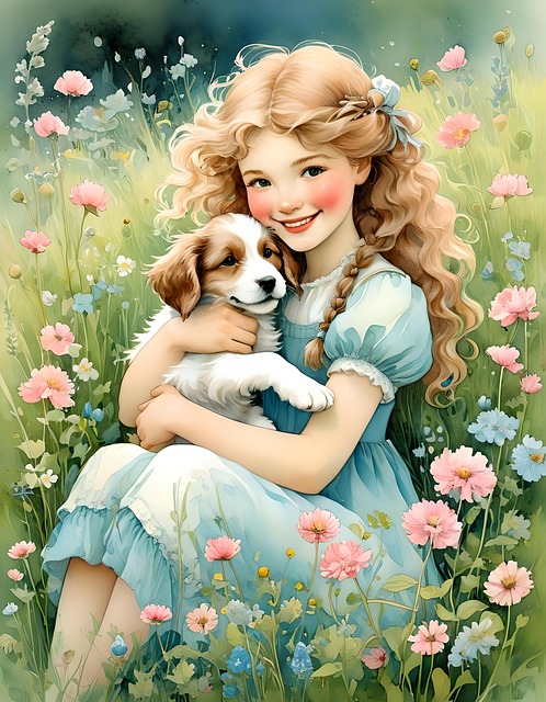 Mädchen, Ai Generiert, Hund, Liebe, Kind