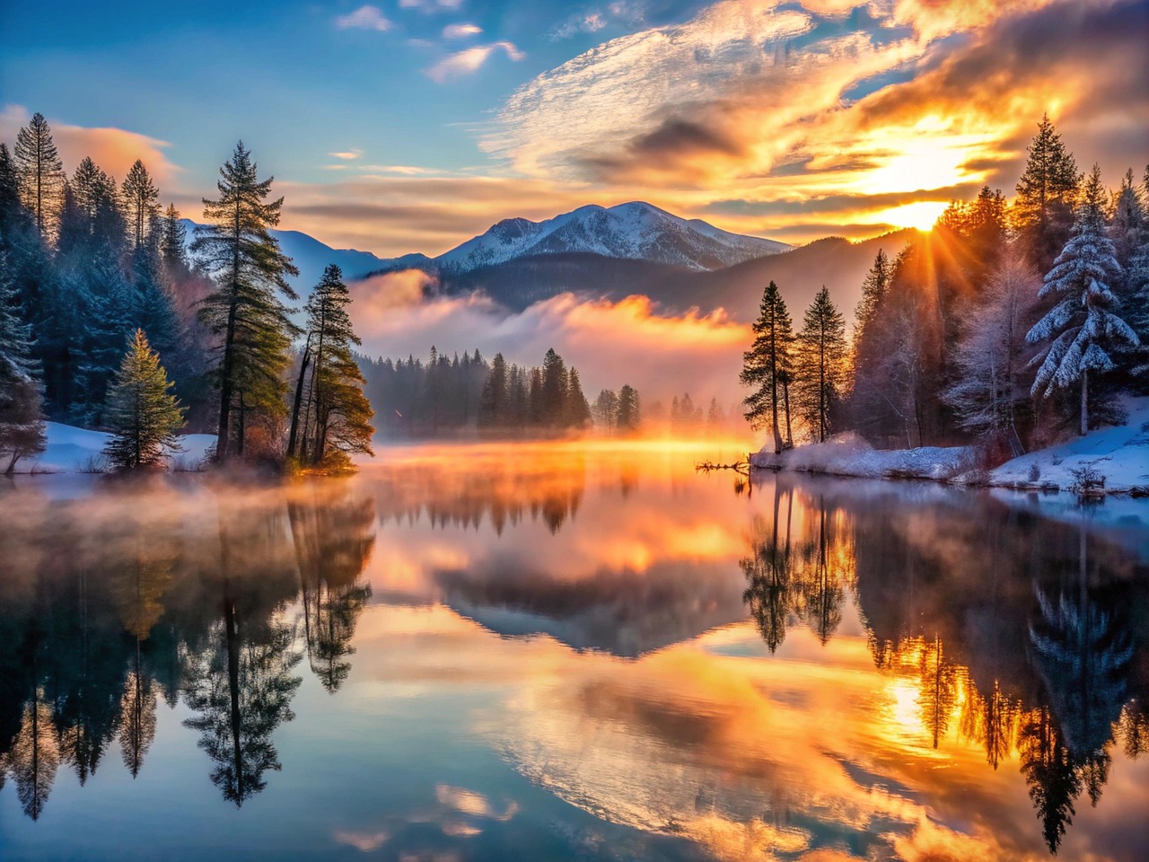 Free sunset lake mountains illustration