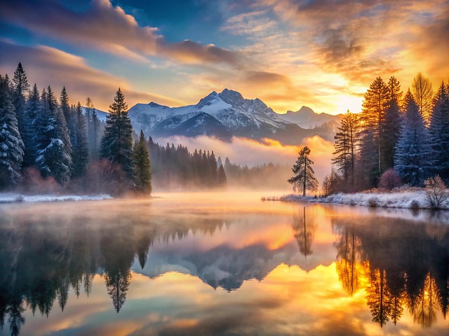 Free sunset lake mountains illustration