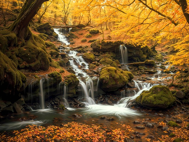 Cascada, Otoño, Bosque, Hojas De Otoño