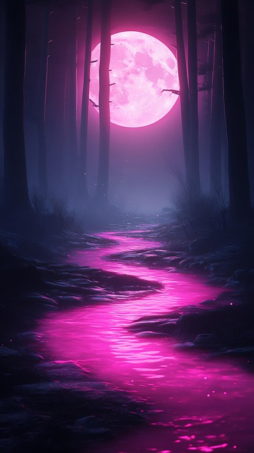 Free ai generated pink moon dark forest illustration