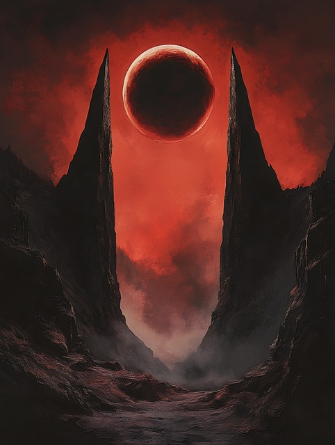 Free ai generated red eclipse dark fantasy landscape illustration