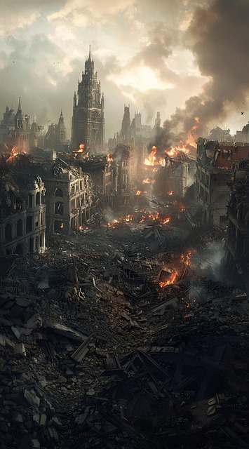 Free post-apocalyptic city ruined cityscape fire and destruction illustration