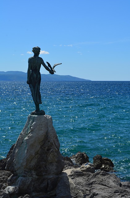 Statue, Bild, Mädchen, Seestück, Steine