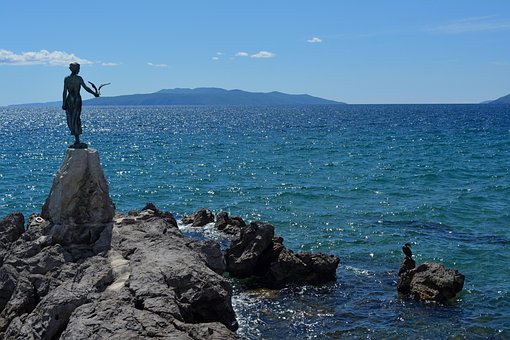 Statue, Bild, Mädchen, Seestück, Steine