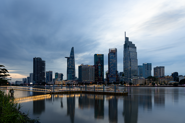 Free city river buildings illustration