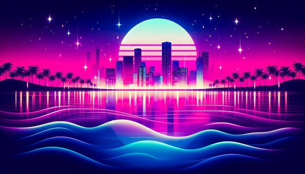 Neon, Bybillede, Ocean, Bølge, Retro