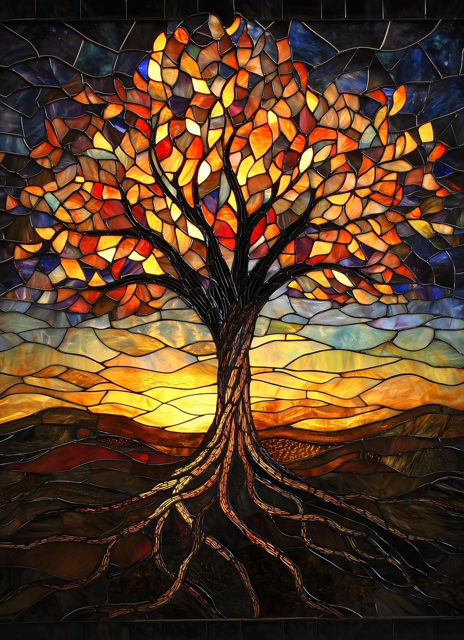 Download Stained Glass Art, Autumn Tree, Vibrant Colors. Royalty-Free ...