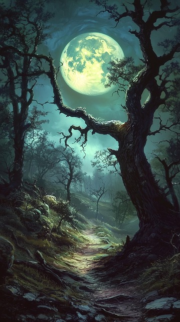 Free moonlit forest mystical path ancient trees illustration