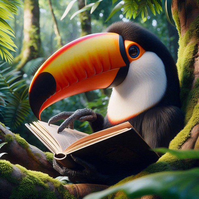 Free ai generated toucan reading illustration