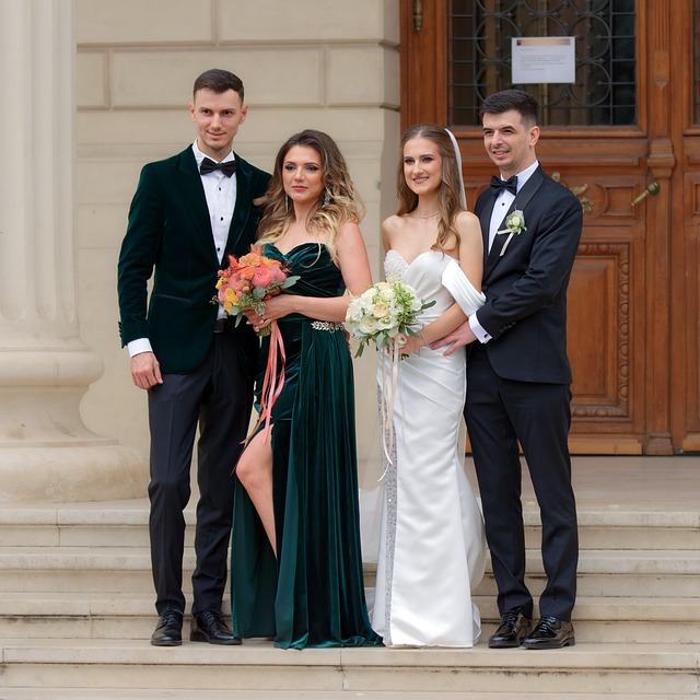 wedding, event, outdoors, groom, bride, bridesmaid, groomsman, lovers, happiness, stairs, building