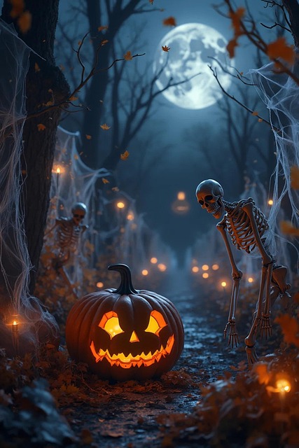 Free ai generated pumpkins skeletons illustration