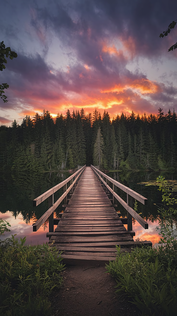 Brücke, Sonnenuntergang, See, Wald, Weg