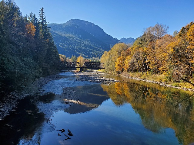 Skykomish-Fluss, Herbst, Berg, Baumes