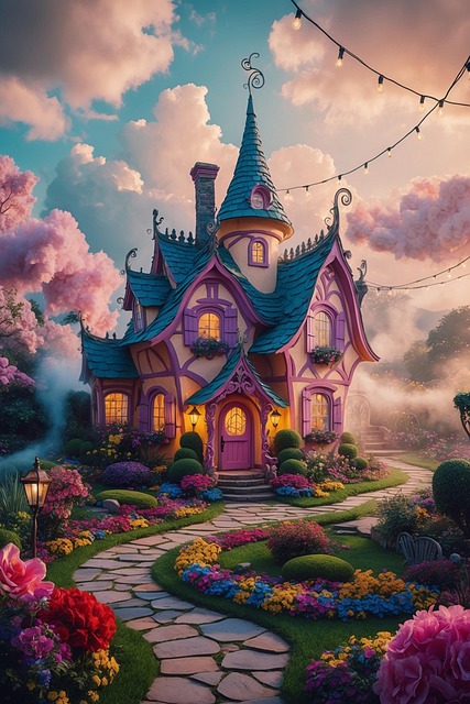 Free fairytale cottage clouds illustration