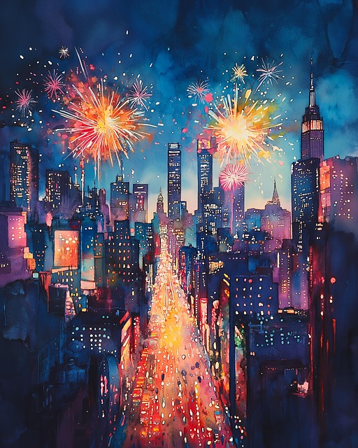 Free ai generated new year's eve celebration city fireworks illustration