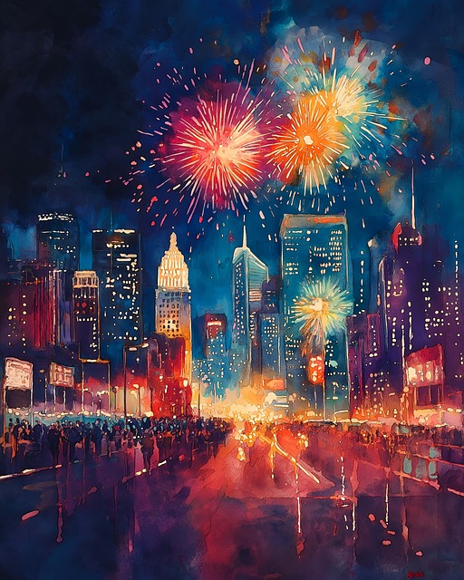 Free ai generated new year's eve celebration city fireworks illustration