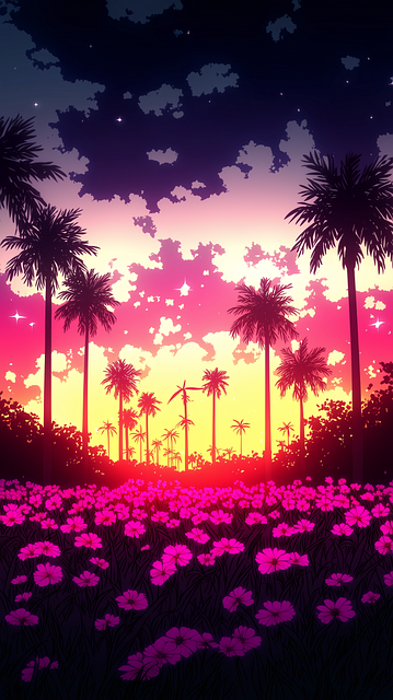 Free anime sunset palm trees flower field illustration