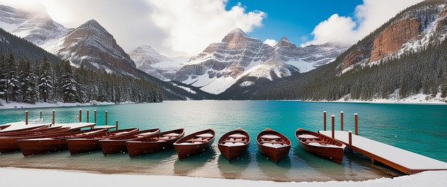 Holzboote, Dock, See, Schnee, Berge