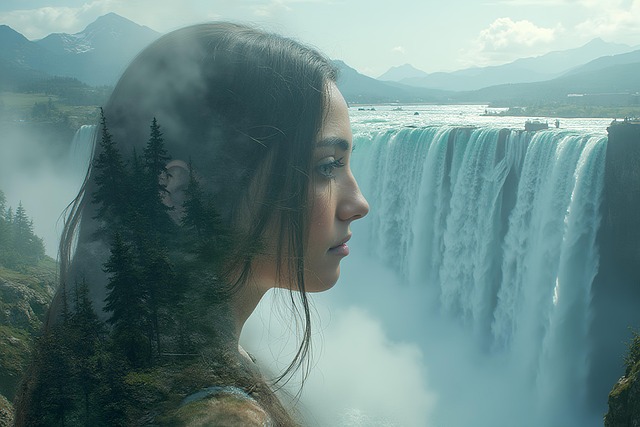 Free double-exposure waterfall mountains illustration