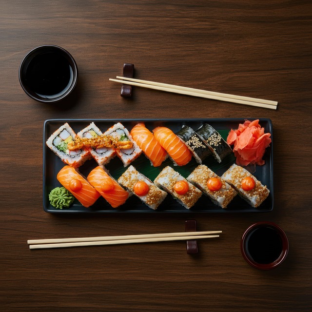 Free black plate green leaf sushi rolls illustration