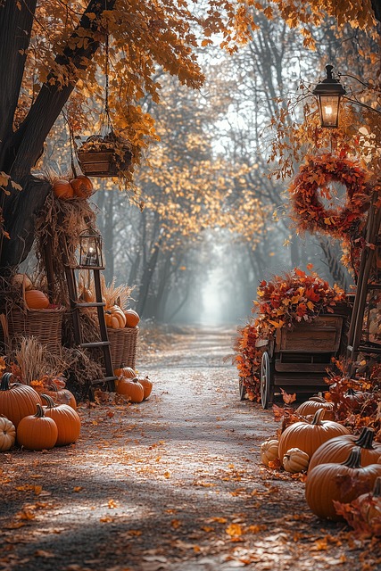 Free ai generated pathway pumpkin patch illustration