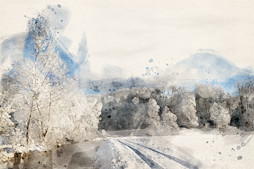 Aquarela, Inverno, Neve, Floresta