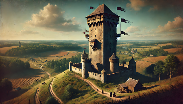 Free ai generated medieval fortress sunset illustration