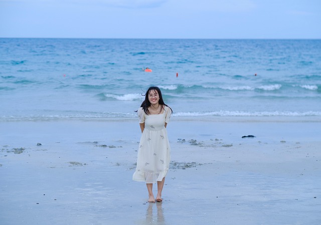 바다, 어린 소녀, 웃다, 일몰, 행복