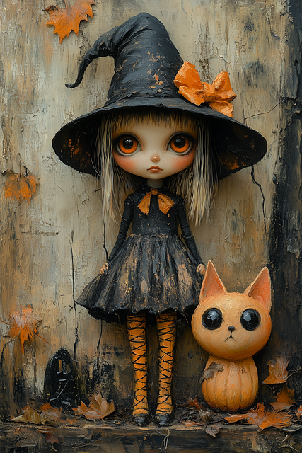 Free ai generated halloween folk art whimsical painting illustration