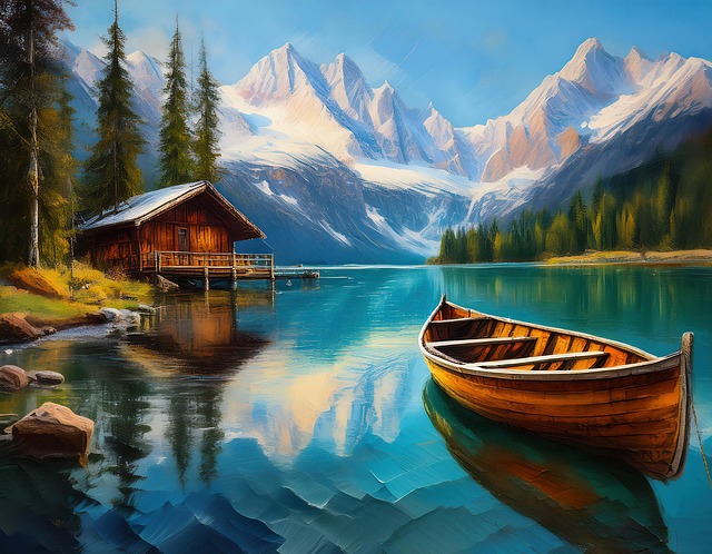 Berglandschaft, See, Boot, Holzhütte
