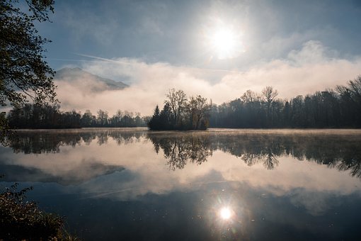 Nebel, See, Sonnig, Landschaft, Neblig