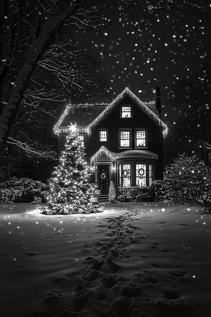 Free christmas night cozy house festive lights illustration