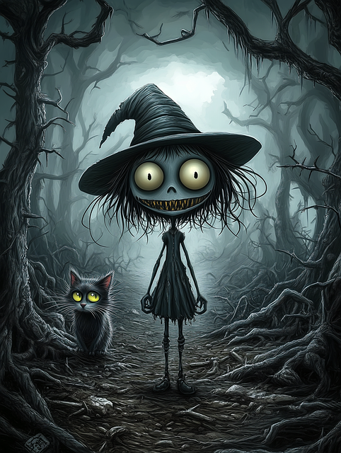 Free spooky witch creepy cartoon haunted forest illustration
