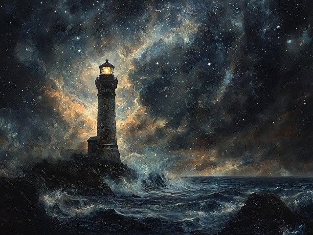 Leuchtturm, Felsige Kueste, Meer, Nacht