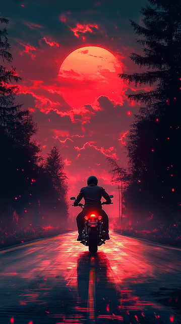 Free lone biker cinematic road blood moon illustration