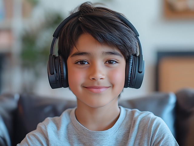 Free ai generated young boy headphones illustration