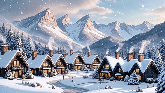 Toile de Fond Village d'Hiver avec Maison et Rennes sous la Neige RR8-358
