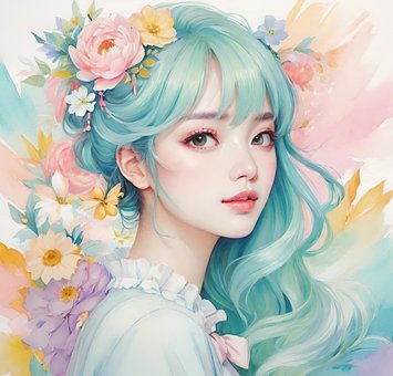 Mädchen, Pastell, Blumen, Aquarell