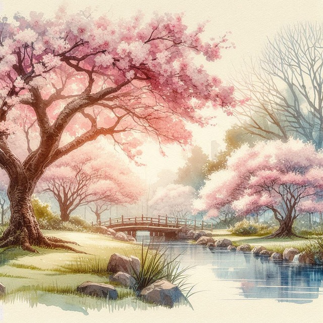 Ai Generiert, Fluss, Brücke, Baum, Blüte