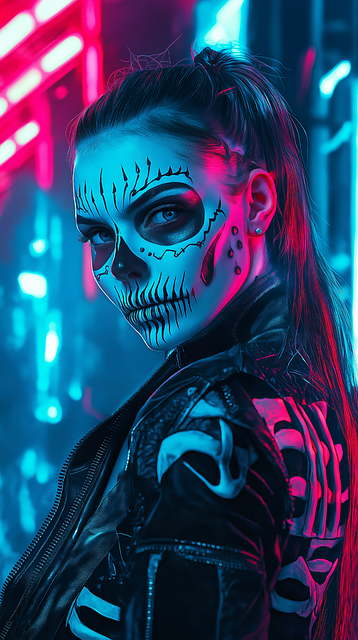 Free ai generated neon skull makeup cyberpunk style illustration