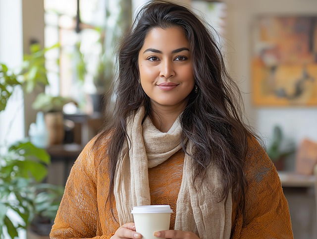 Free ai generated south asian woman cozy café illustration