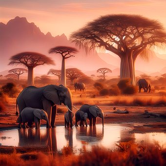Elefanter, Savannah, Dyr, Afrika, Baobab