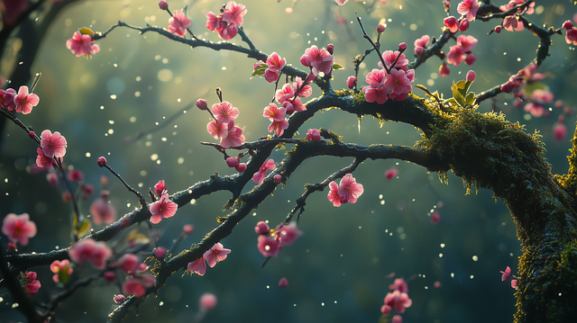 Free plum blossoms mossy tree branch spring blossoms illustration