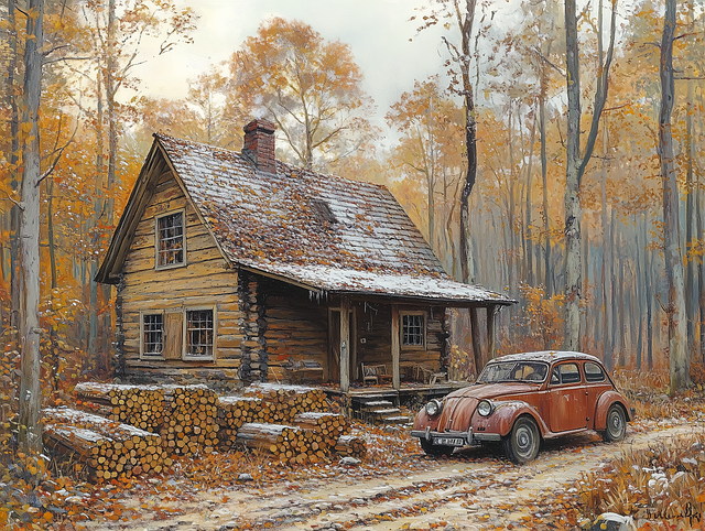 Free rustic log cabin autumn forest vintage car illustration