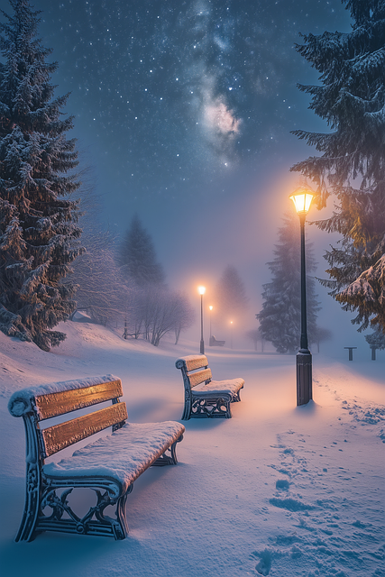 Free snow-covered benches misty winter park glowing lanterns illustration