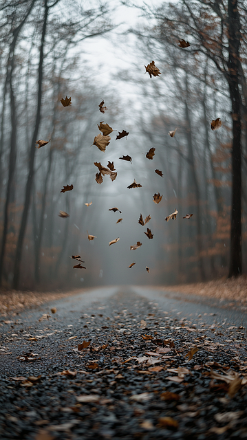 Free autumn leaves falling leaves misty forest road illustration