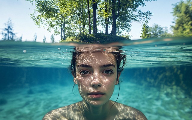 Free woman underwater swimming illustration