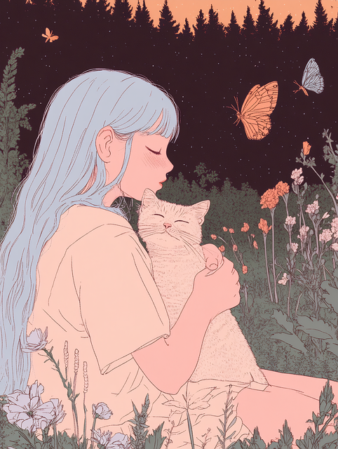 Free ai generated blue-haired girl cat illustration illustration